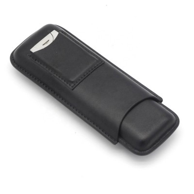 2CT Black Leather Travel Cigar Case With Stainless Cigar Stainless Cutter