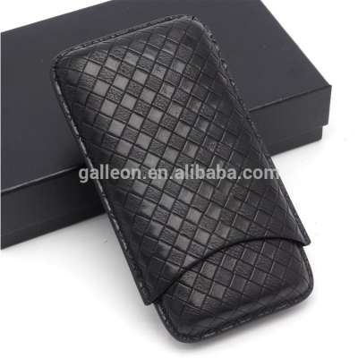 Black Portable Cigars Case 3 Tubes Brown Woven Stitching Leather Cigar Case Cigarette Holder Travel Humidor Box